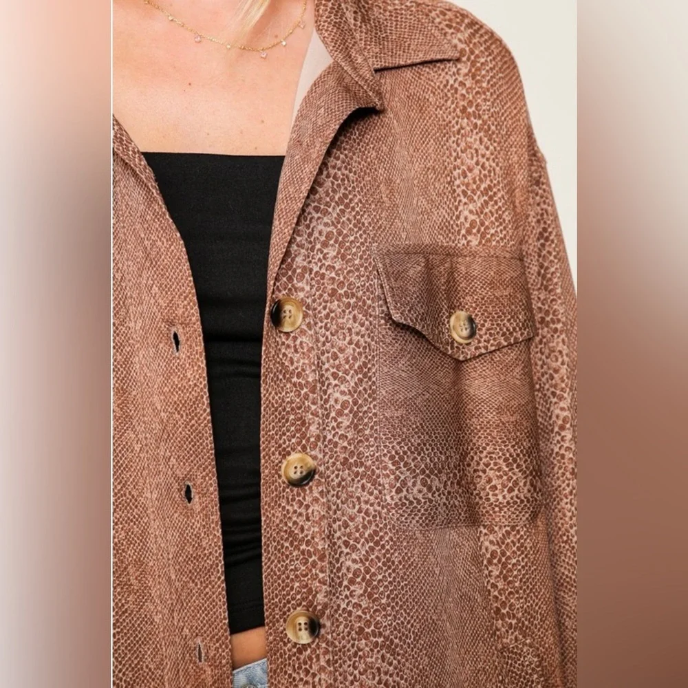 Womens Oversized Brown Button-Front Shacket Jacket - Picture 3 of 5